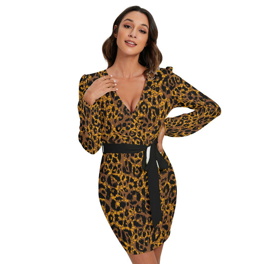 Bellafonte Animal Print Long Sleeve Dress With Waist Belt