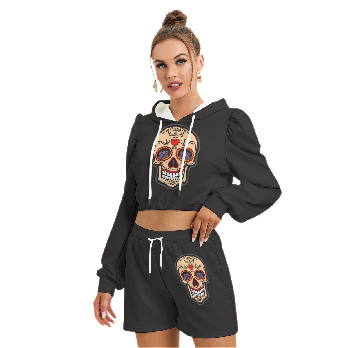 Sugar Skull Black Women's Micro Fleece Hoodie And Shorts Set