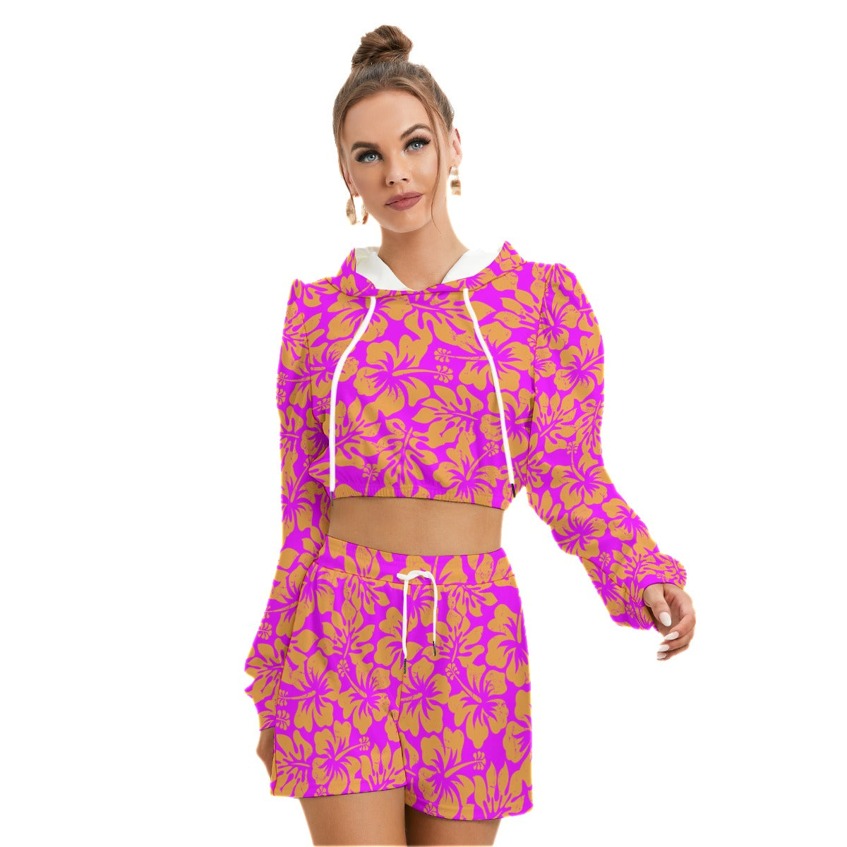 Tropical Hibiscus Flowers Women's Micro Fleece Hoodie And Shorts Set