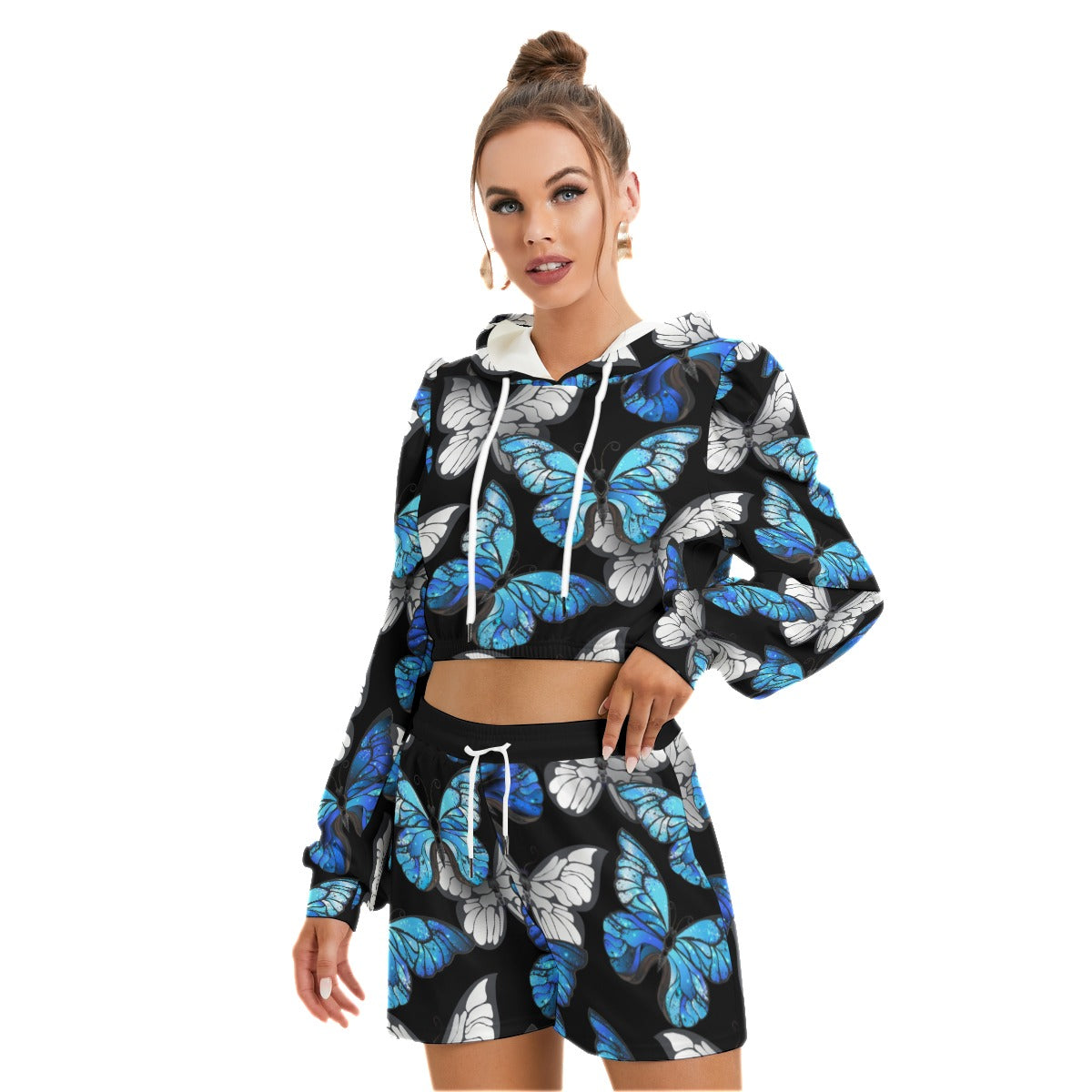 Blue & White Butterflies Women's Micro Fleece Hoodie And Shorts Set