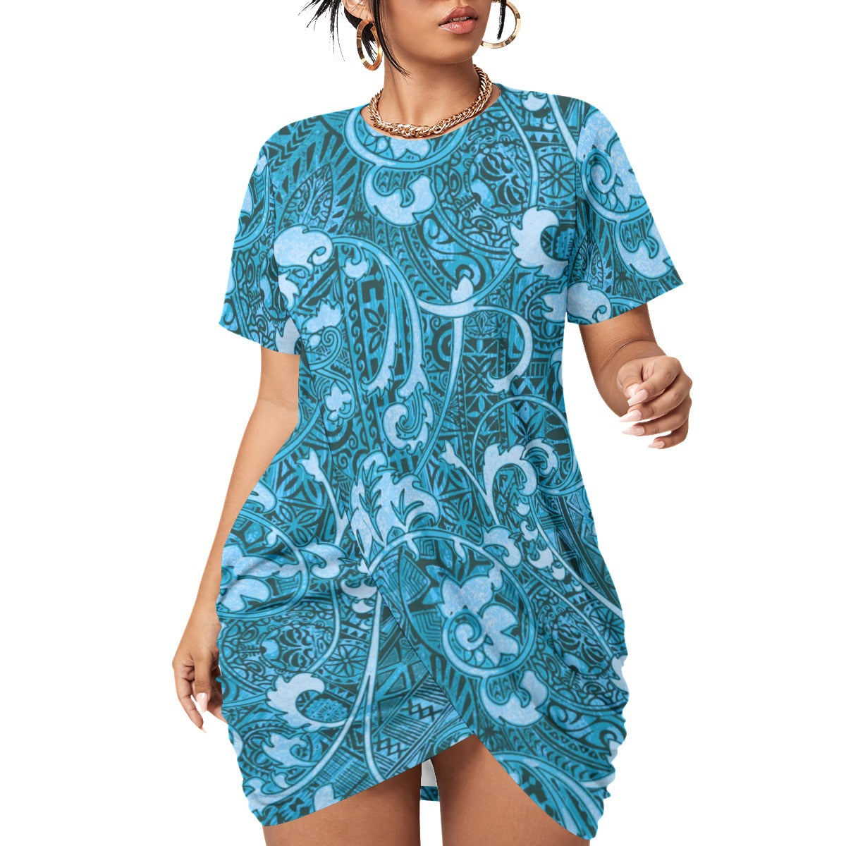 Hawaiian Style Women’s Stacked Hem Dress With Short Sleeve(Plus Size)