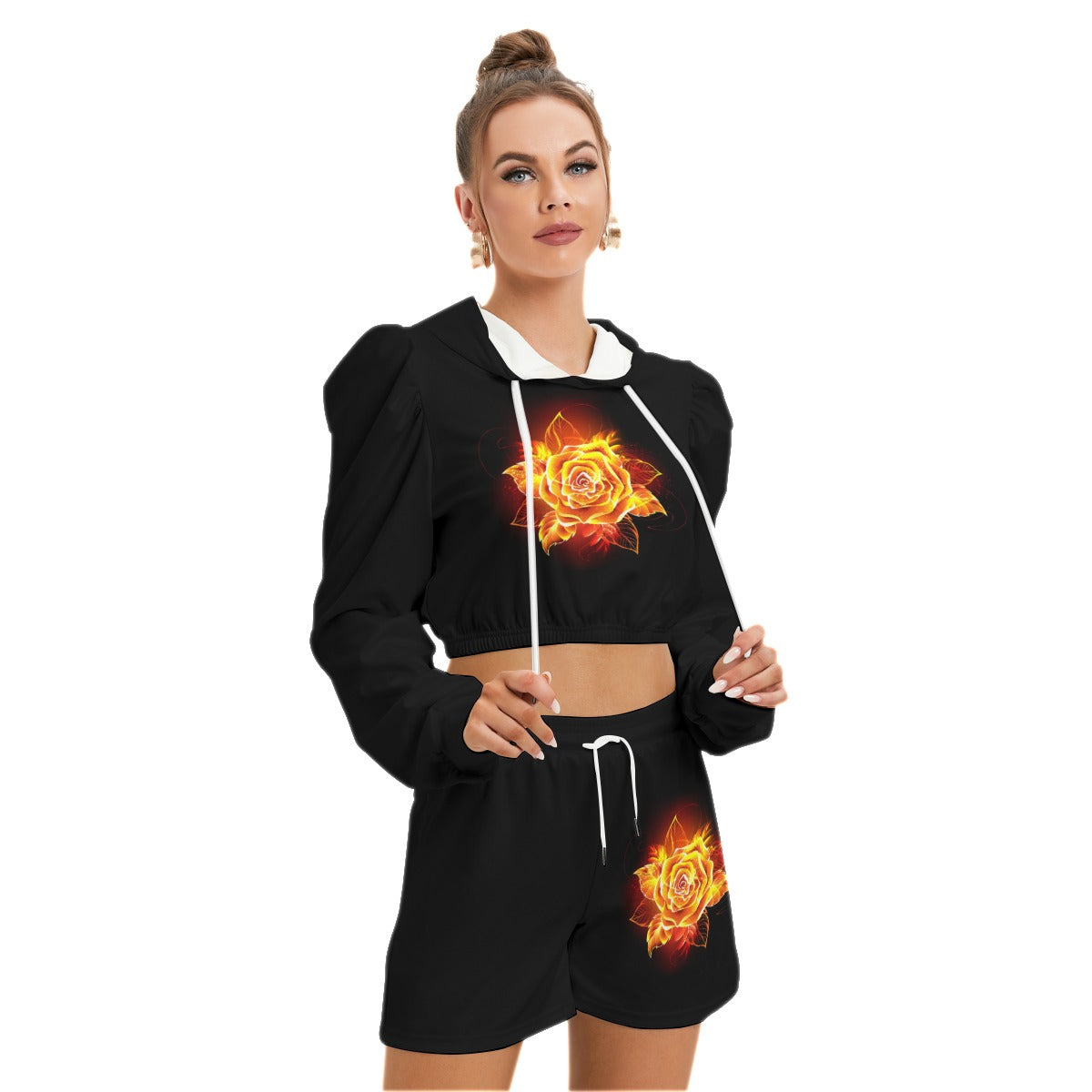 Blooming Orange Rose Women's Micro Fleece Hoodie And Shorts Set