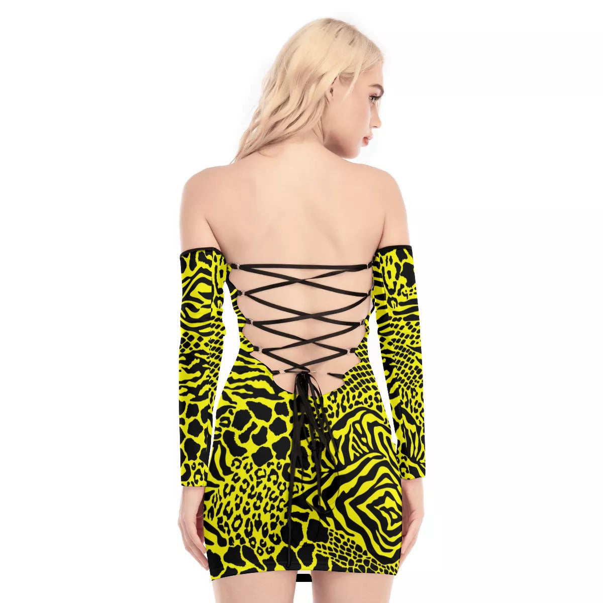 Yellow Bellafonte Animal Print Off-shoulder Back Lace-up Dress