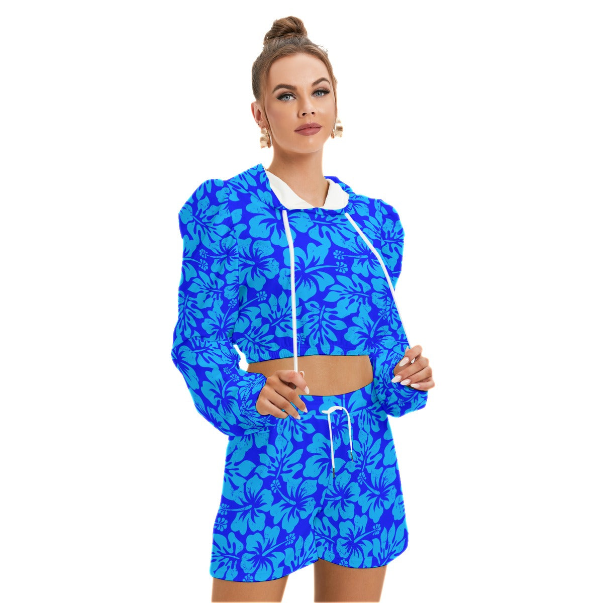 Tropical Hibiscus Flowers Women's Micro Fleece Hoodie And Shorts Set