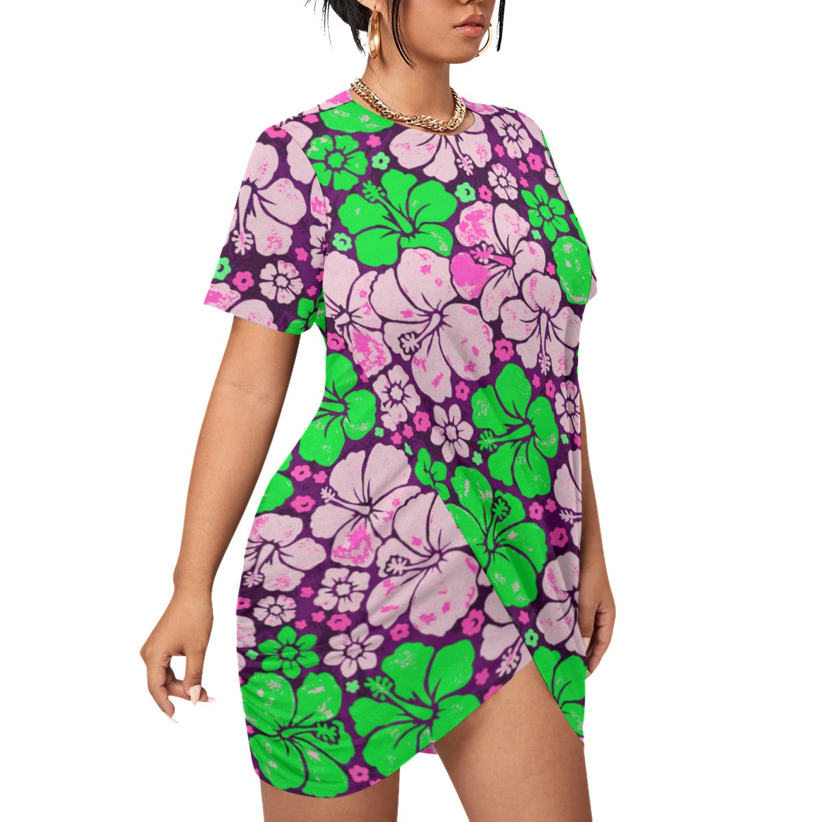 Women’s Beach Life Stacked Hem Dress With Short Sleeve(Plus Size)