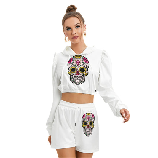 Sugar Skull White Women's Micro Fleece Hoodie And Shorts Set
