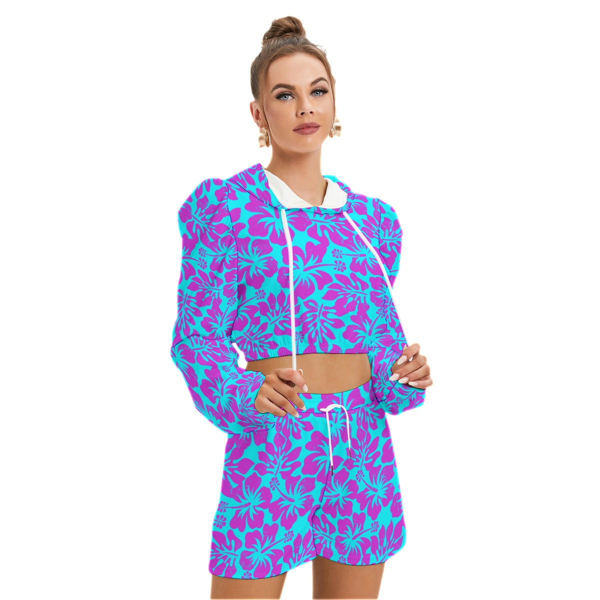 Tropical Hibiscus Flowers Women's Micro Fleece Hoodie And Shorts Set