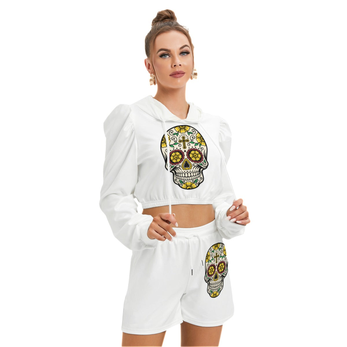 Sugar Skull White Women's Micro Fleece Hoodie And Shorts Set