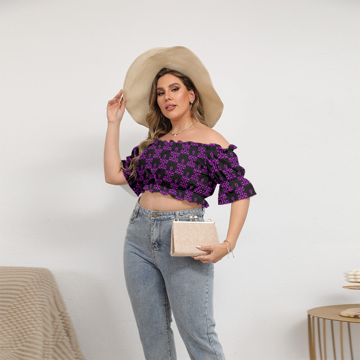 Cute Black & Purple Women's Off-shoulder Cropped Top With Short Puff Sleeve