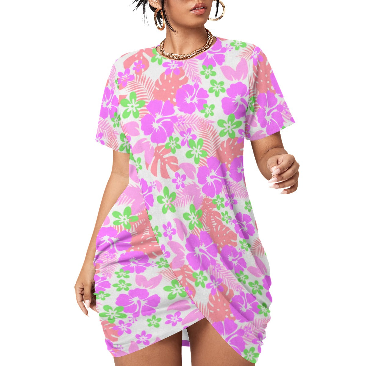 Tropical Hawaiian Flowers Women’s Stacked Hem Dress With Short Sleeve(Plus Size)