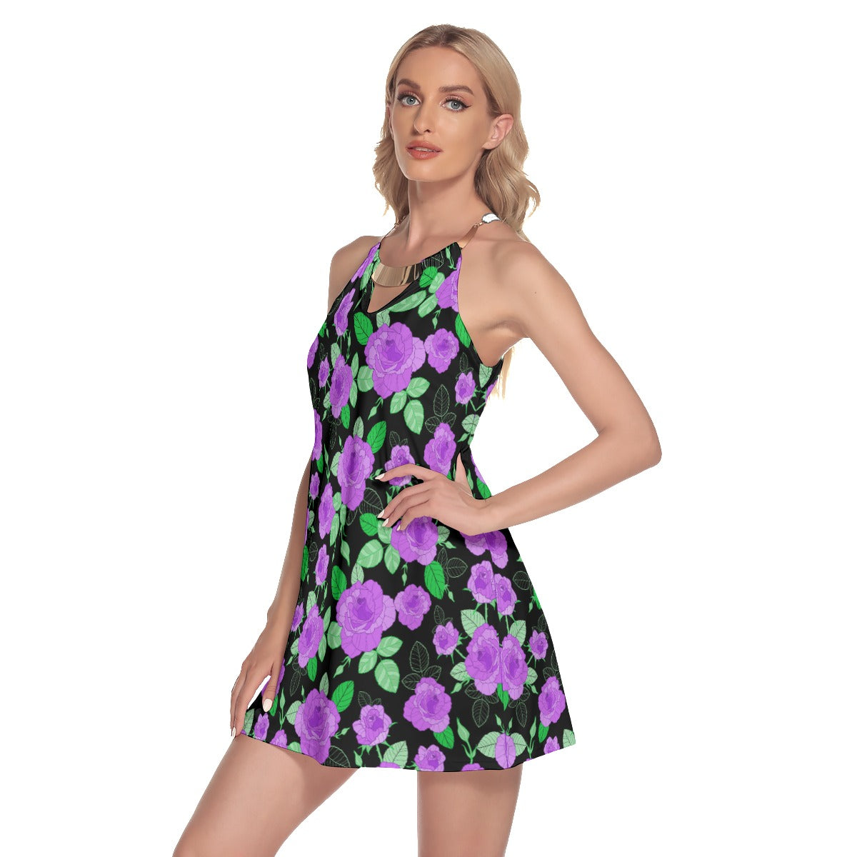 Purple Roses Women's Round Neck Above Knee Dress