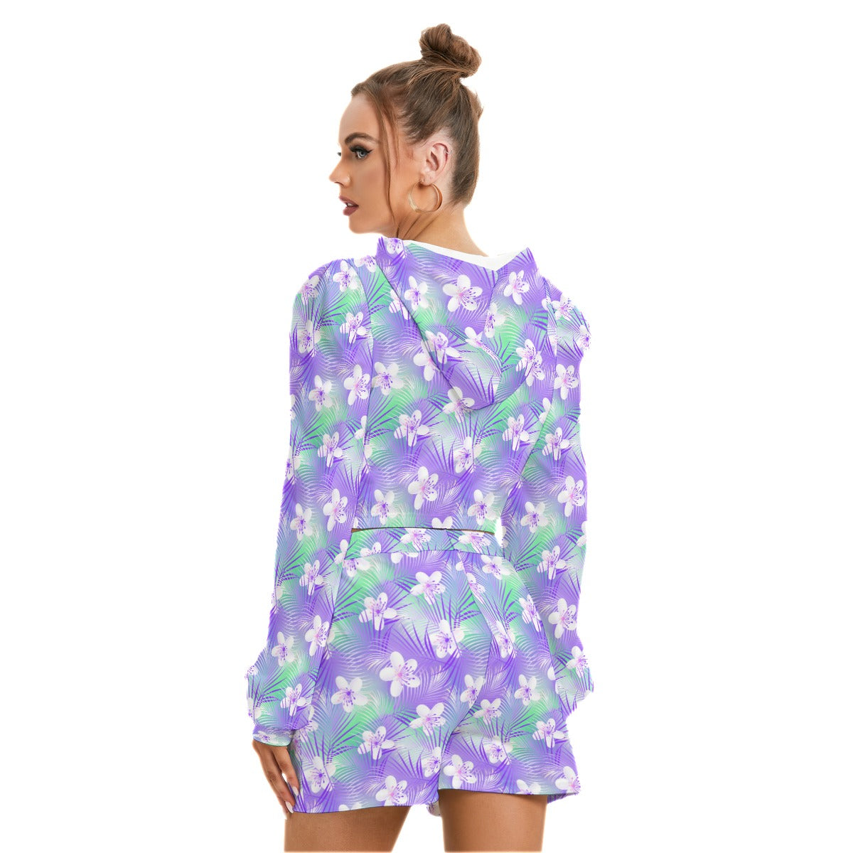 Tropical Frangipani Hibiscus With Palms Women's Micro Fleece Hoodie And Shorts Set