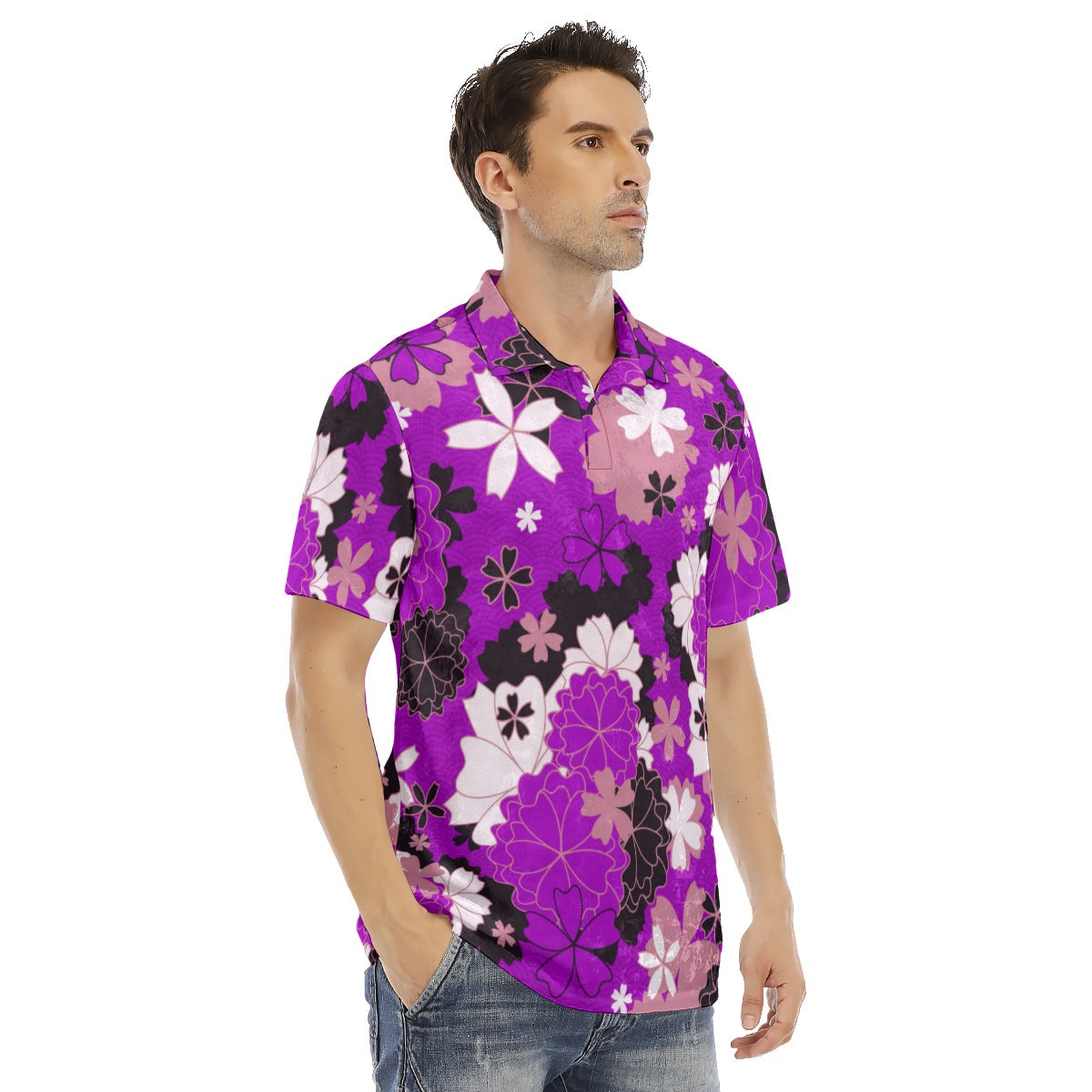 Japanese Style Flowers Men's Polo Shirt | Velvet