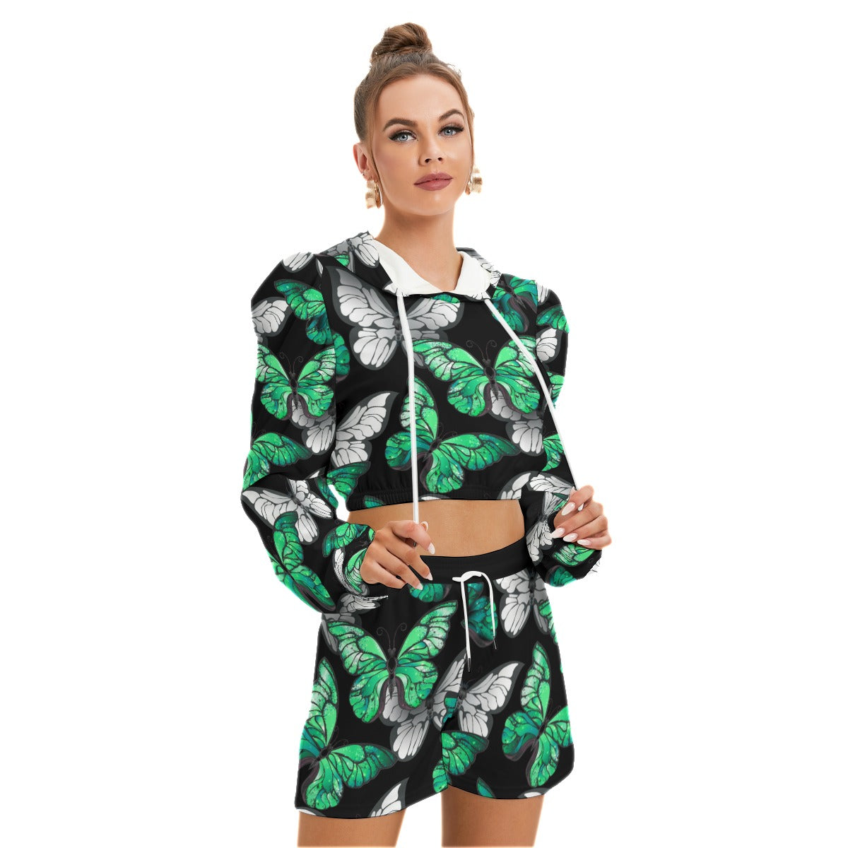 Teal & White Butterflies Women's Micro Fleece Hoodie And Shorts Set