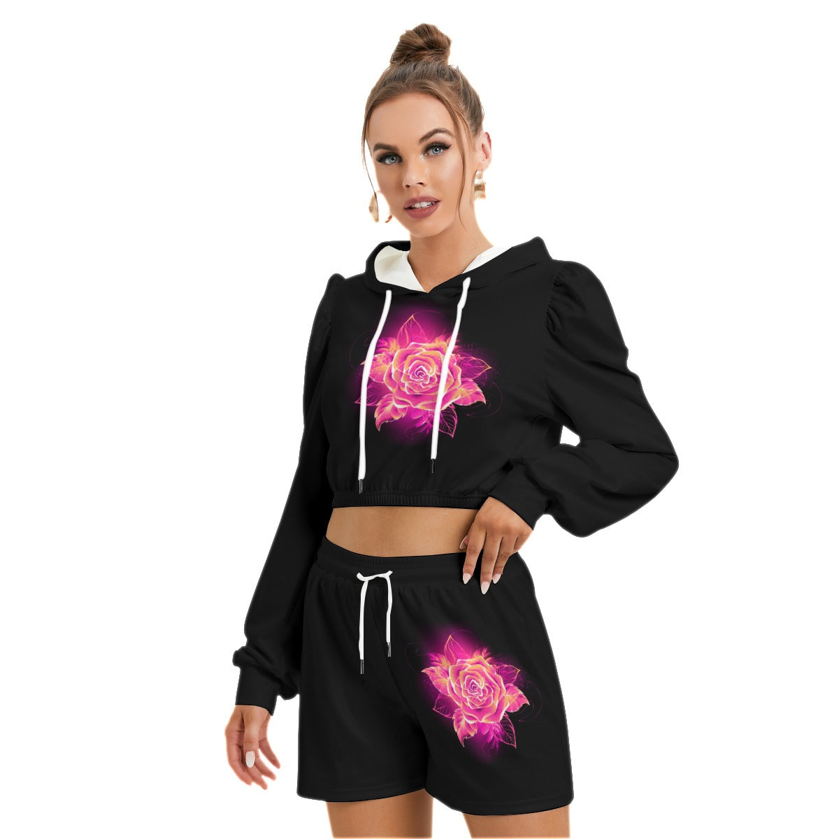 Blooming Pink Rose Women's Micro Fleece Hoodie And Shorts Set