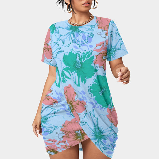 Women’s Tropical Summer Stacked Hem Dress With Short Sleeve(Plus Size)