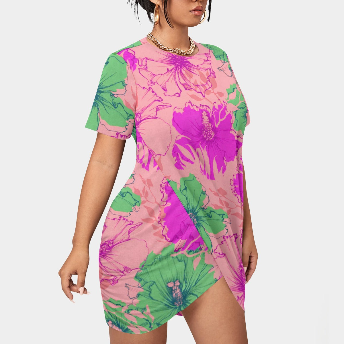 Women’s Tropical Summer Stacked Hem Dress With Short Sleeve(Plus Size)
