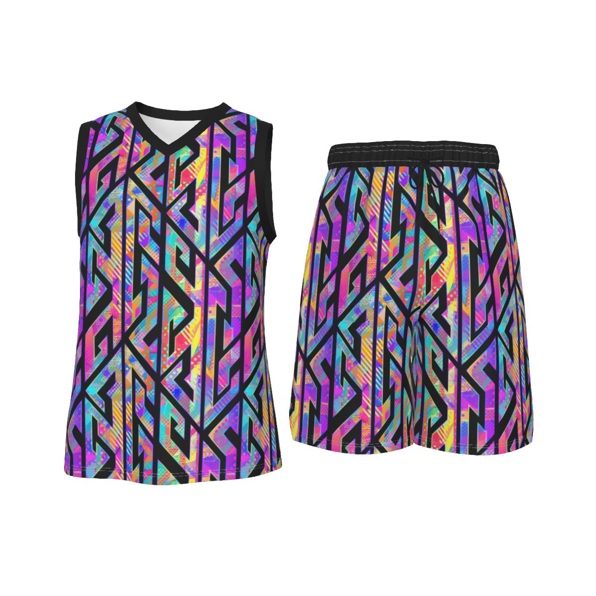 Rainbow Geometric Men's V Neck Basketball Suit
