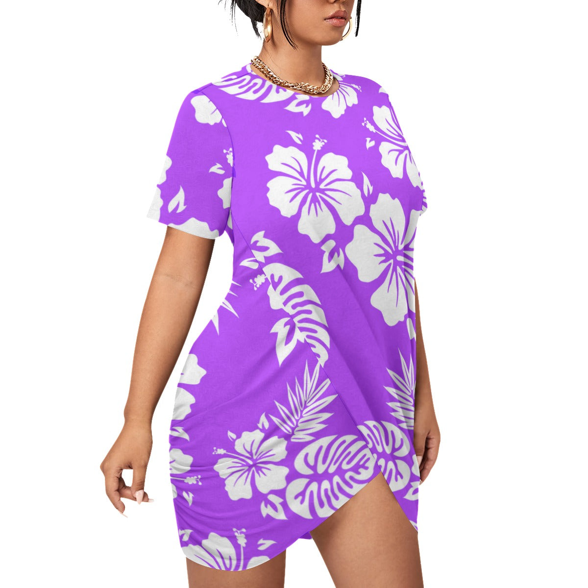 Purple Aloha Women’s Stacked Hem Dress With Short Sleeve (Plus Size)