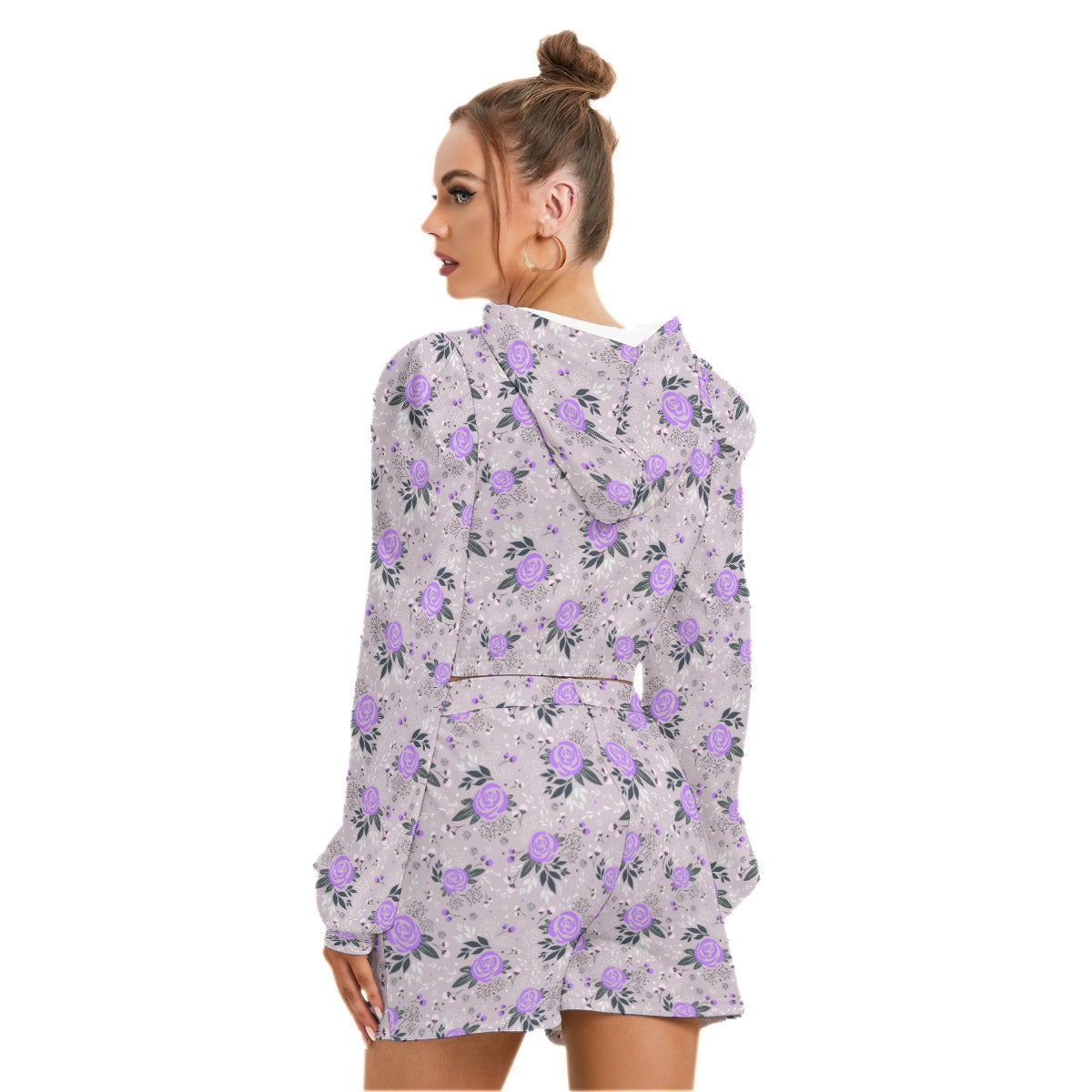 Cute Purple Flowers Women's Micro Fleece Hoodie And Shorts Set