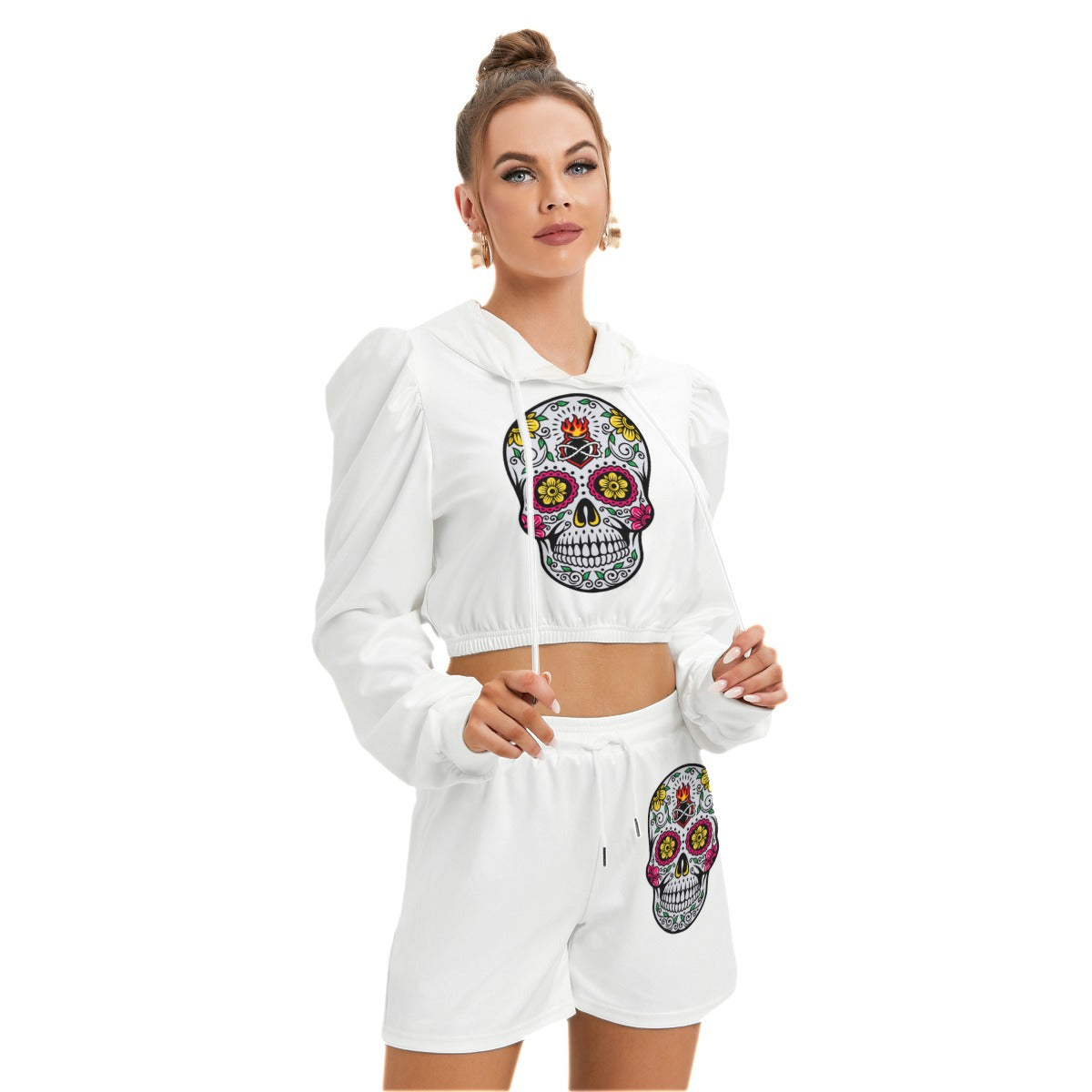 Sugar Skull White Women's Micro Fleece Hoodie And Shorts Set