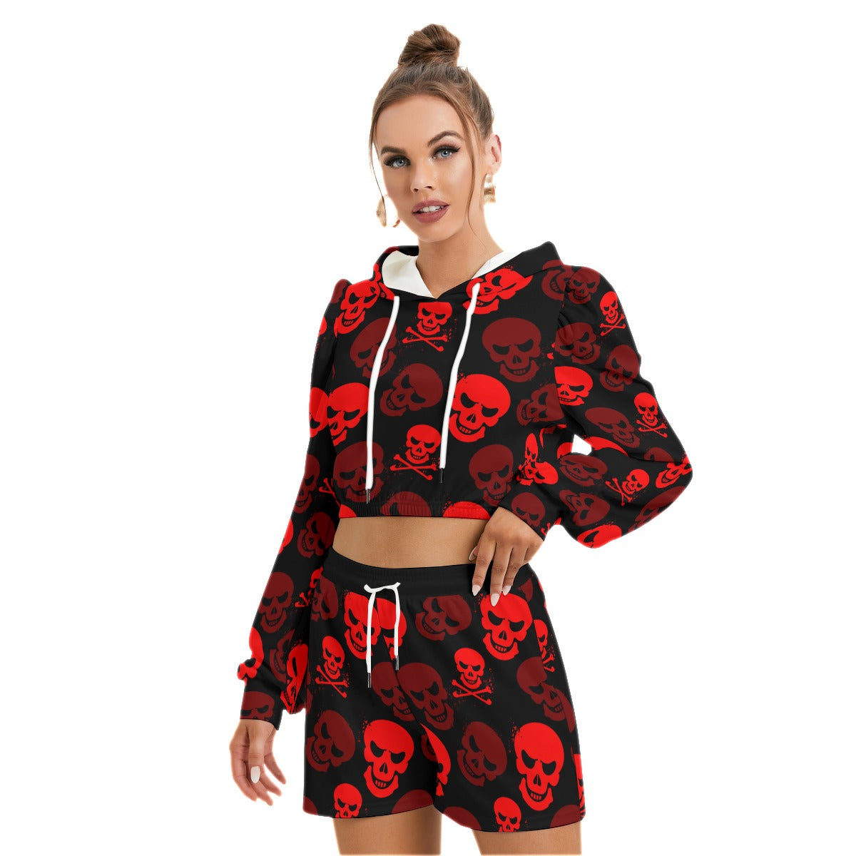 Red Skulls Women's Micro Fleece Hoodie And Shorts Set