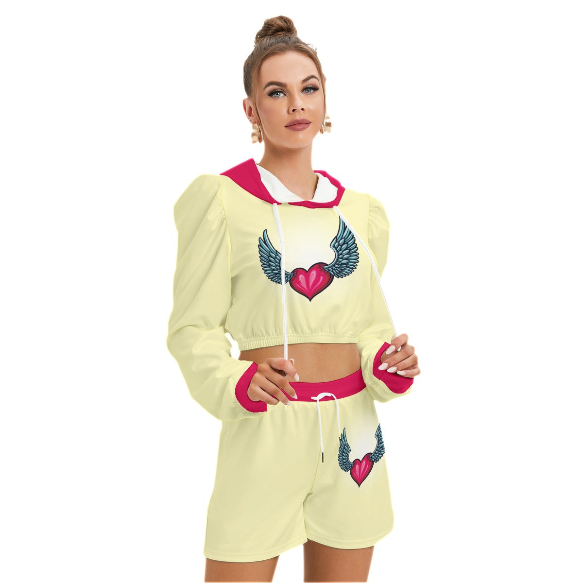 Cute Heart Love With Wings Women's Micro Fleece Hoodie And Shorts Set