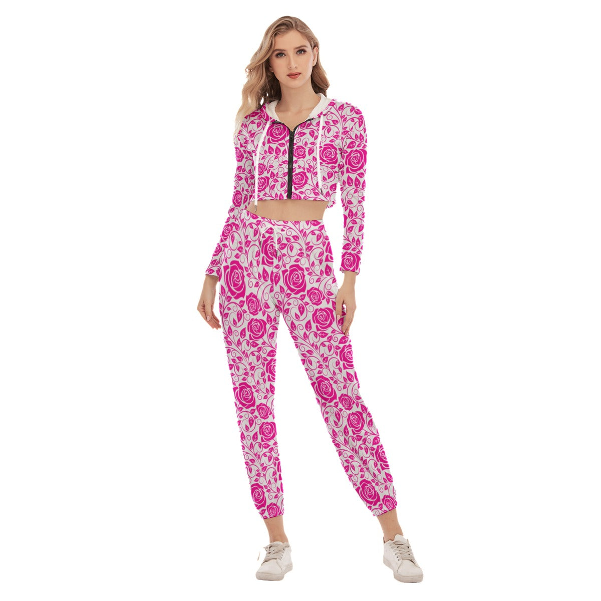 White & Pink Roses Women's Crop Hoodie Sports Sets
