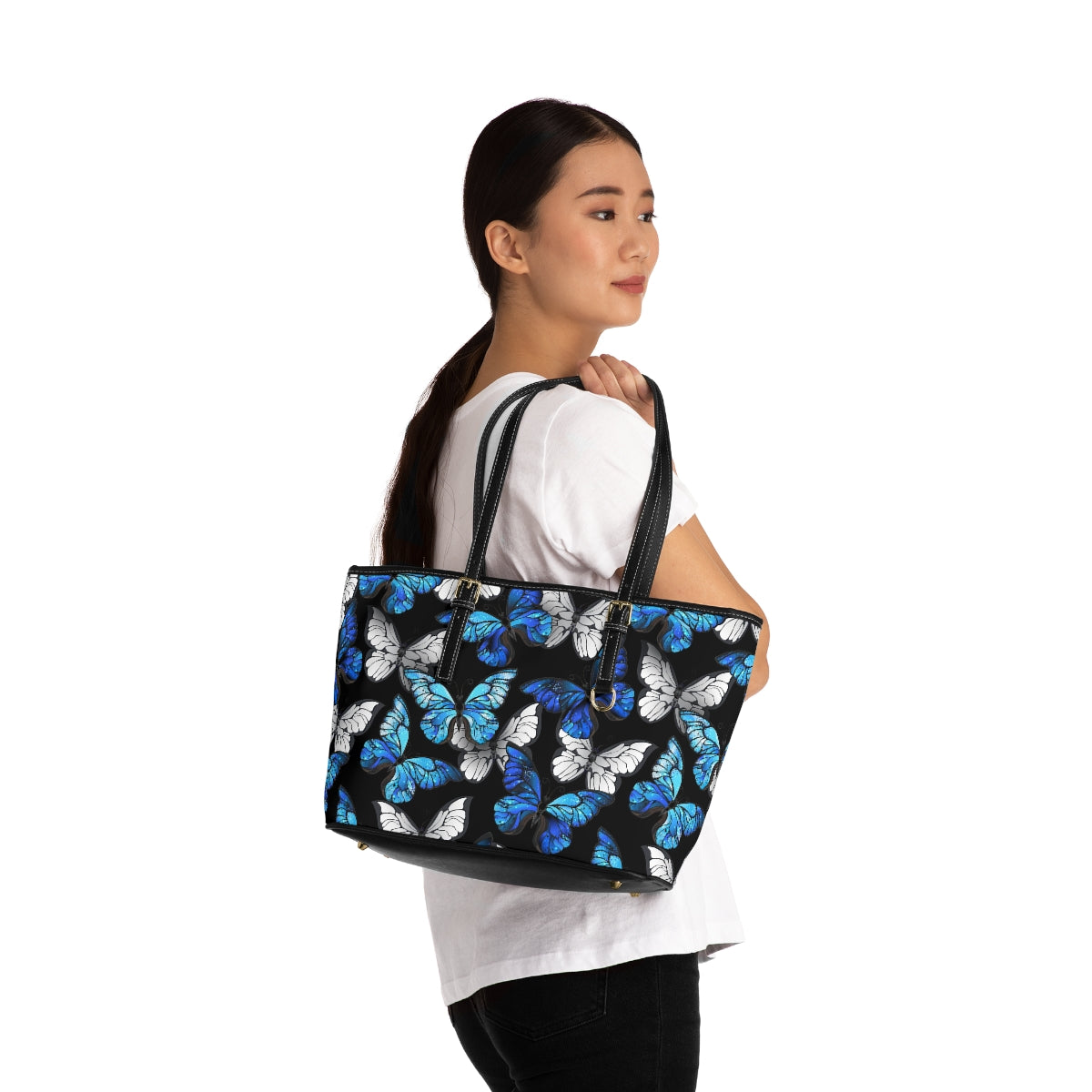 Blue With White Butterflies PU Leather Shoulder Bag