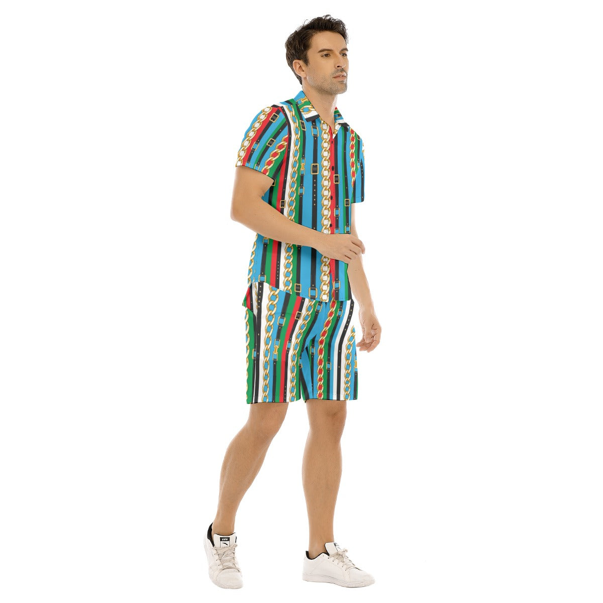 Men's Belt and Chains Short Sleeve Shirt Set