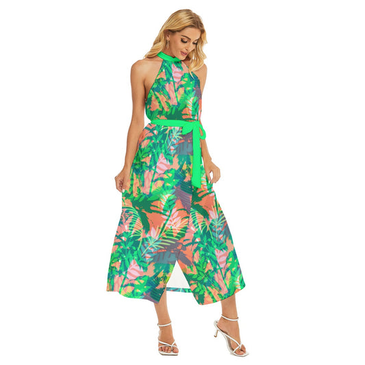 Women's Tropic Summer Vibes Wrap Hem Belted Halter Dress