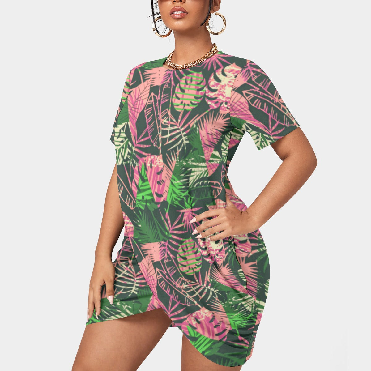 Women's Tropic Summer Vibes Stacked Hem Dress With Short Sleeve（Plus Size）