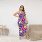 Women's Exotic Orchid Flowers Oblique-Shoulder Exposure Dress With Side Split (Plus Size)