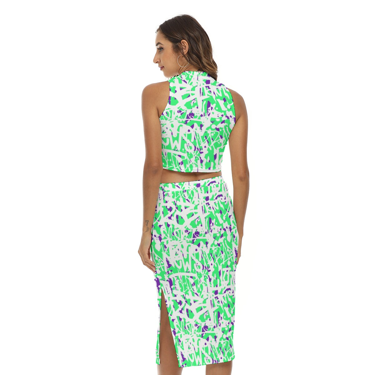 Graffiti Style Women's Tank Top & Split High Skirt Set