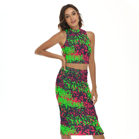 Graffiti Style Women's Tank Top & Split High Skirt Set