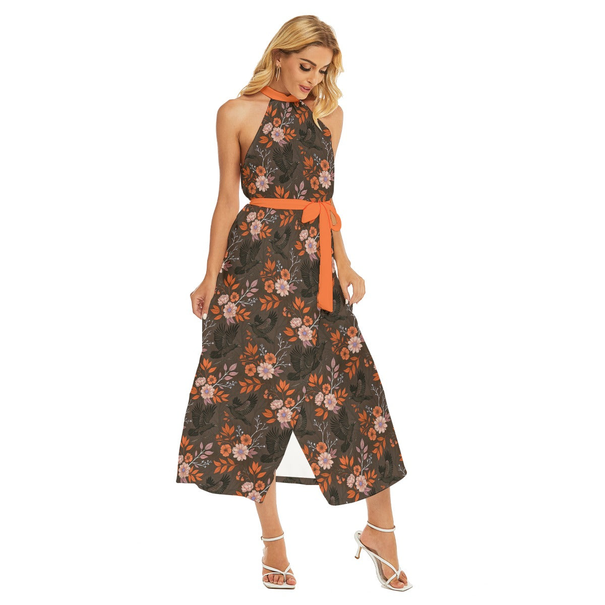Women's Cute Floral Wrap Hem Belted Halter Dress