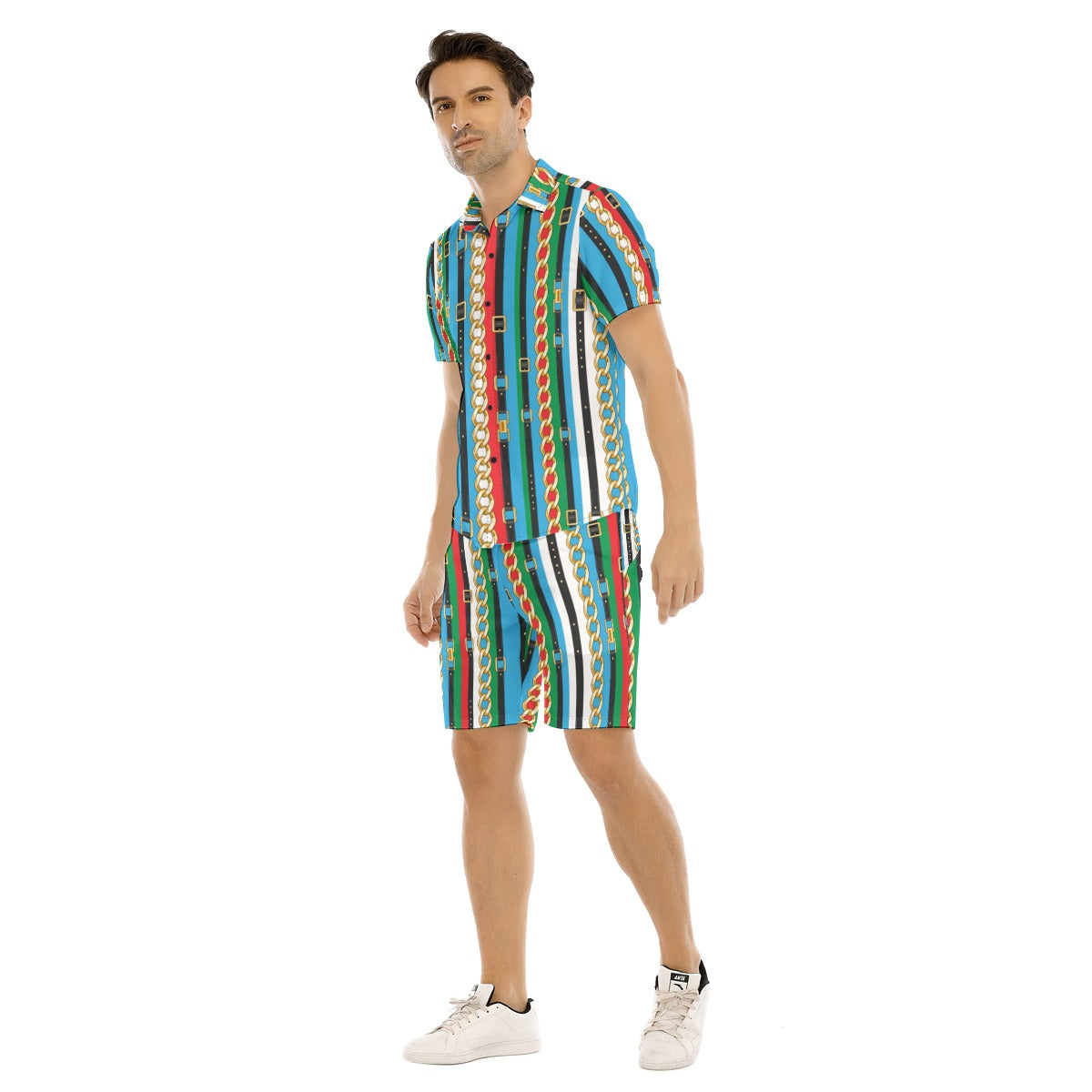 Men's Belt and Chains Short Sleeve Shirt Set