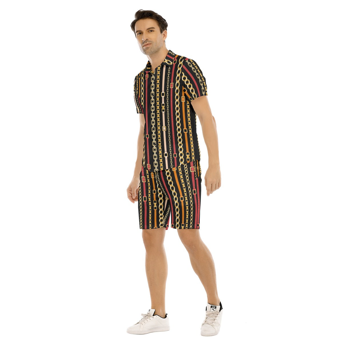 Men's Belt and Chains Short Sleeve Shirt Set