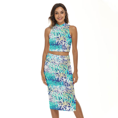 Graffiti Style Women's Tank Top & Split High Skirt Set