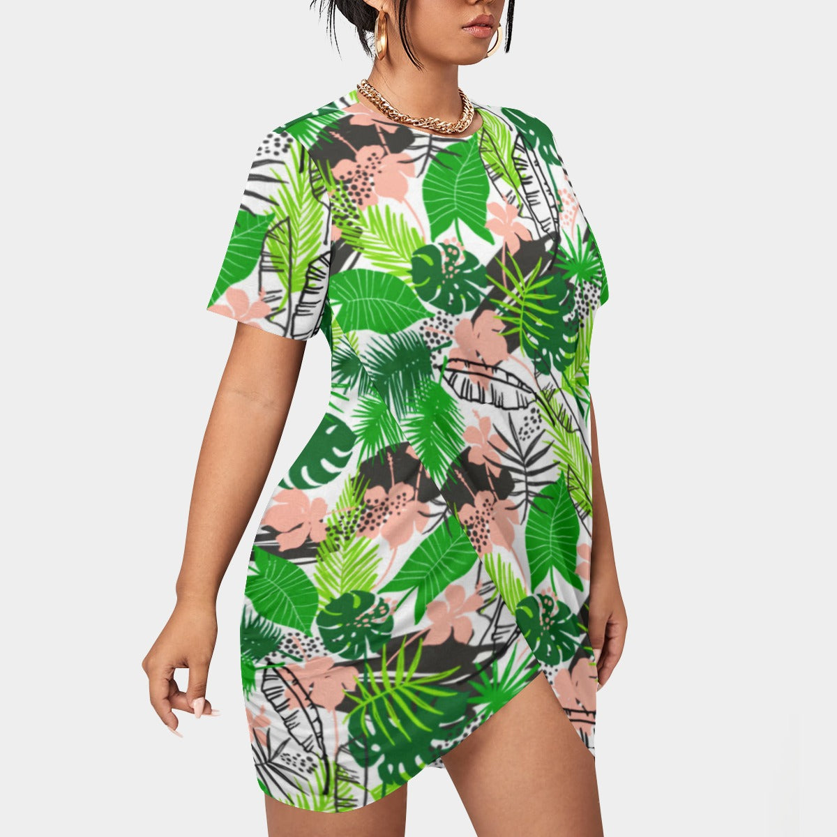 Women's Tropic Summer Vibes Stacked Hem Dress With Short Sleeve（Plus Size）