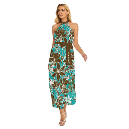 Floral Style Women's Wrap Hem Belted Halter Dress