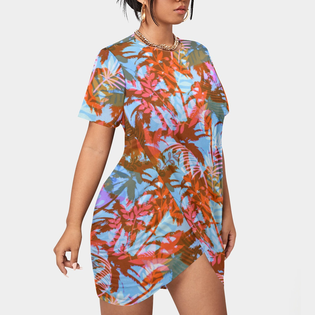 Women's Tropic Summer Vibes Stacked Hem Dress With Short Sleeve（Plus Size）