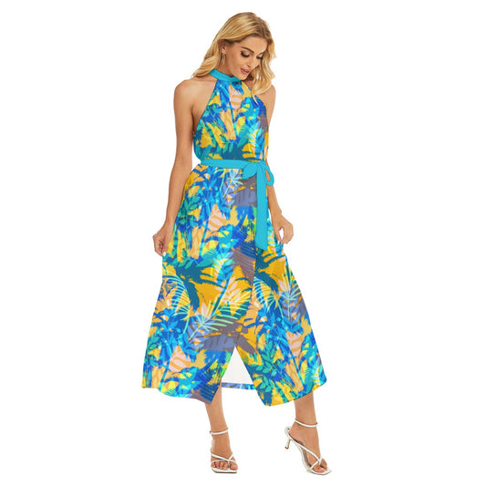 Women's Tropic Summer Vibes Wrap Hem Belted Halter Dress