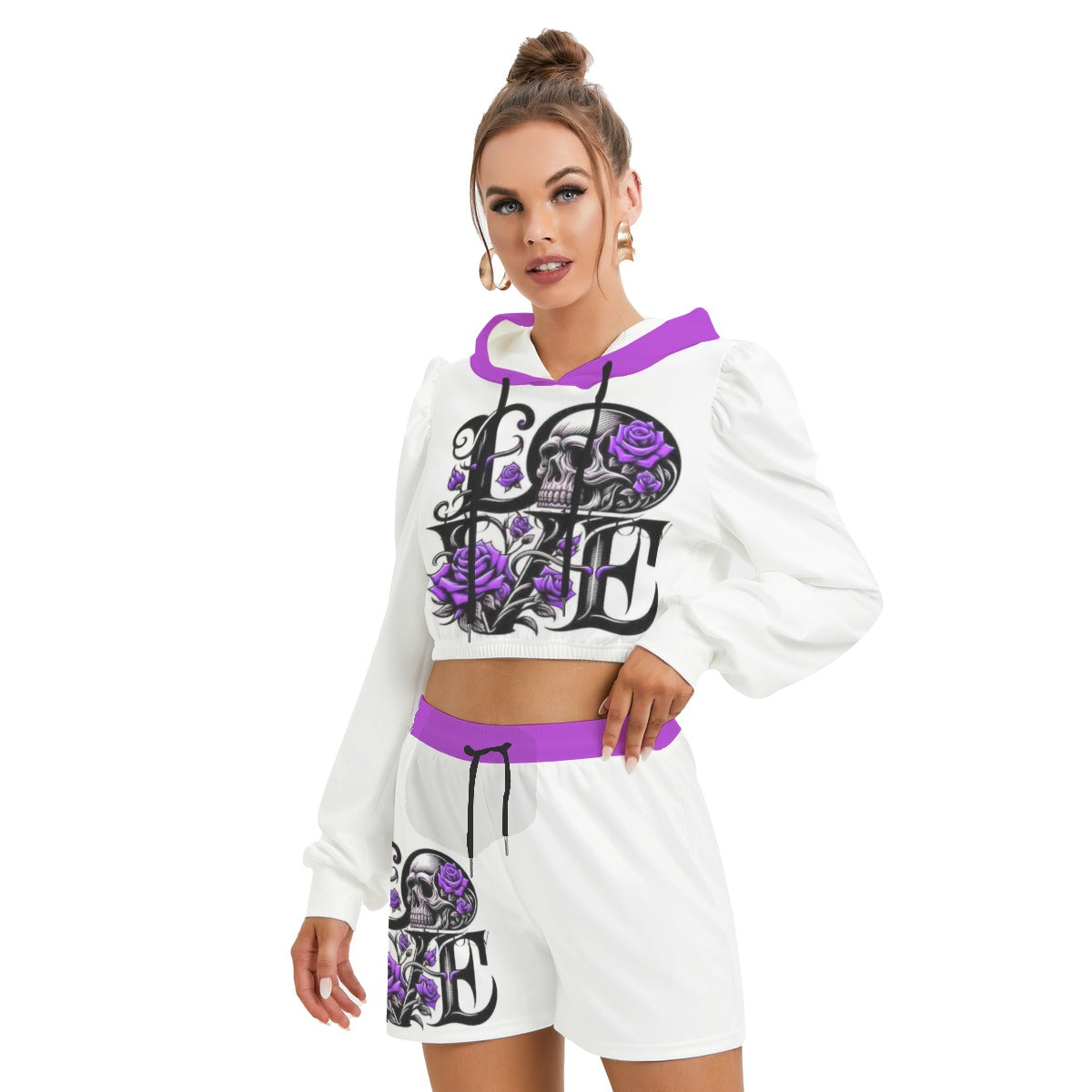 Love With Skull & Roses Women's Micro Fleece Hoodie And Shorts Set