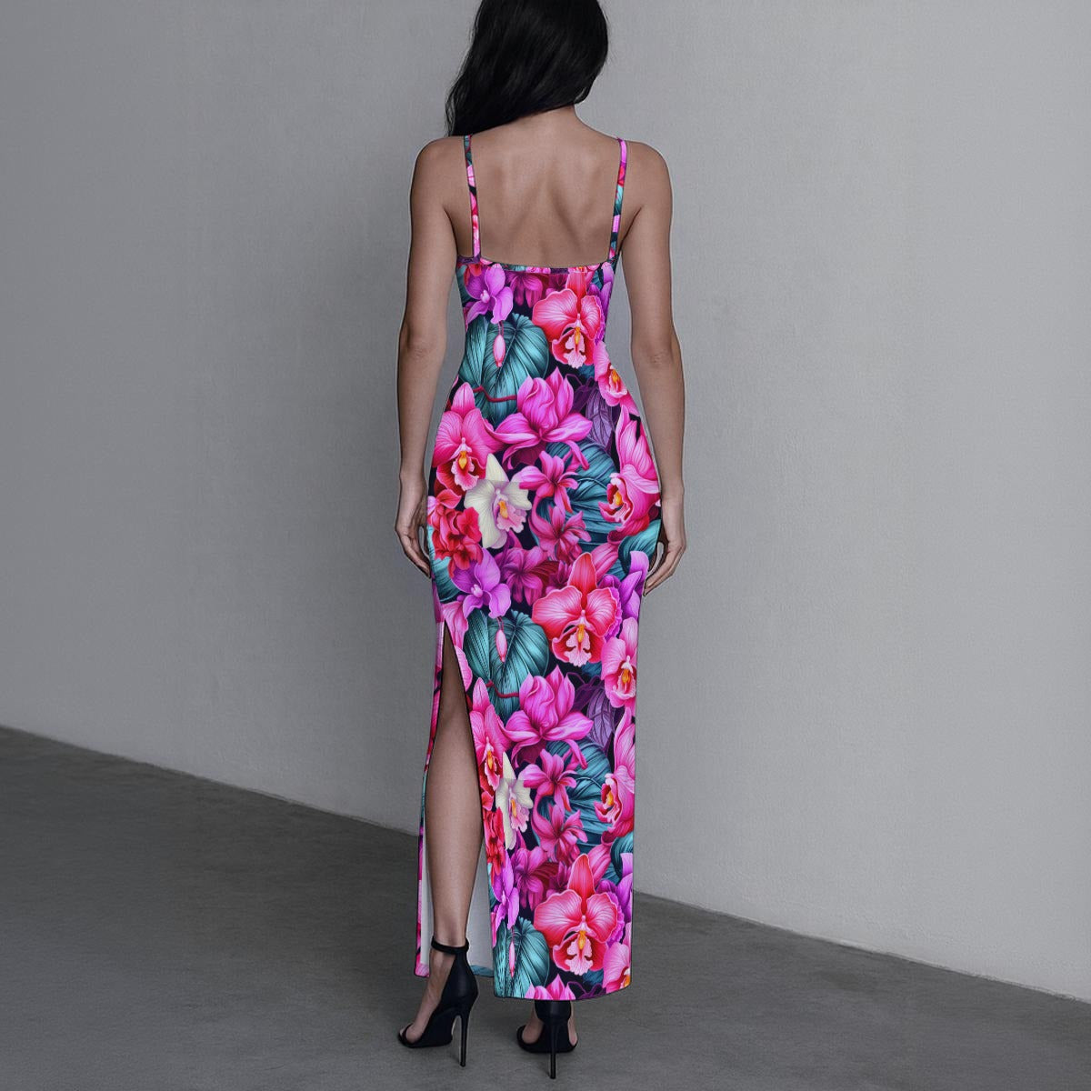 Women's Exotic Orchid Flowers Long Dress with Slit