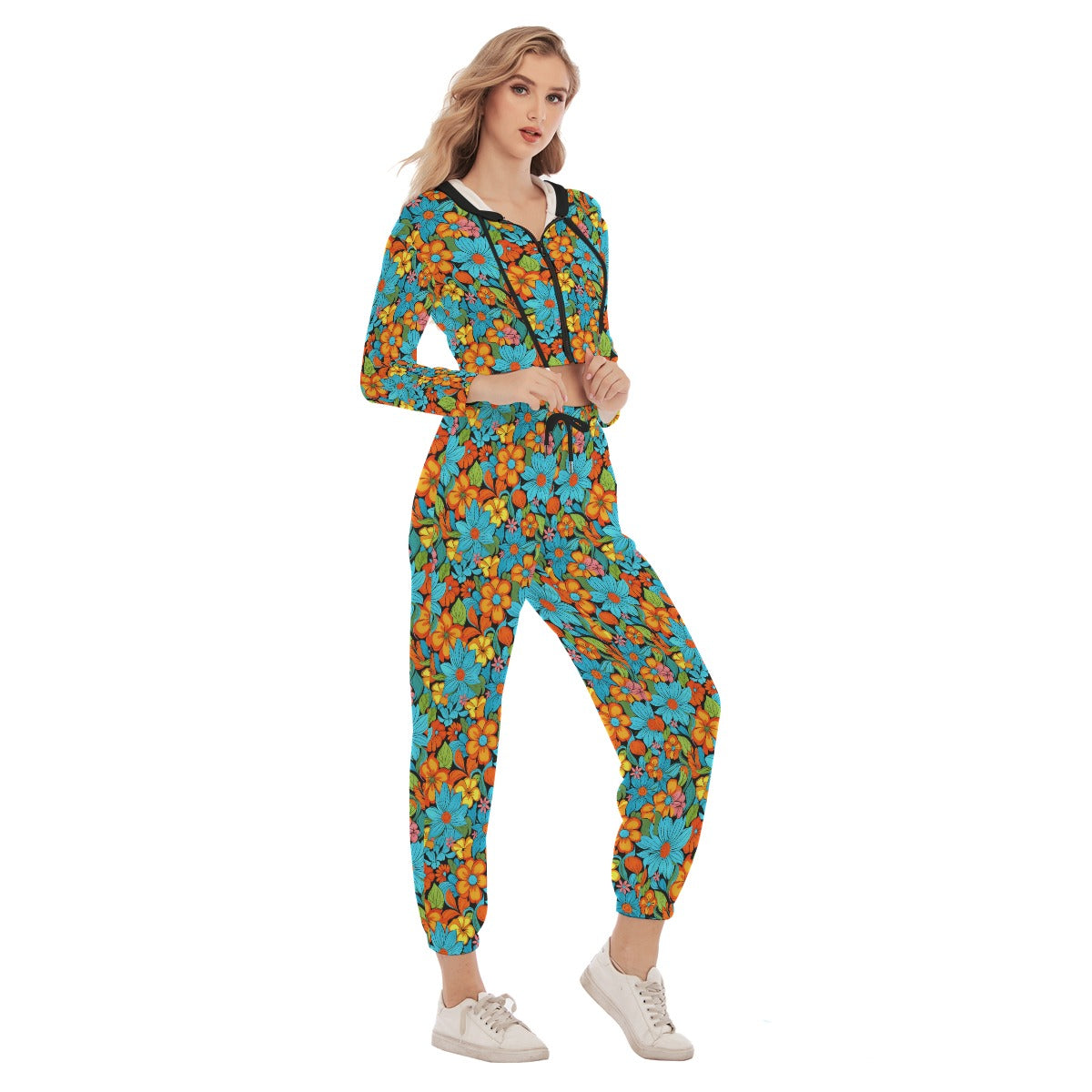 Women's Groovy Retro Crop Hoodie Sports Set