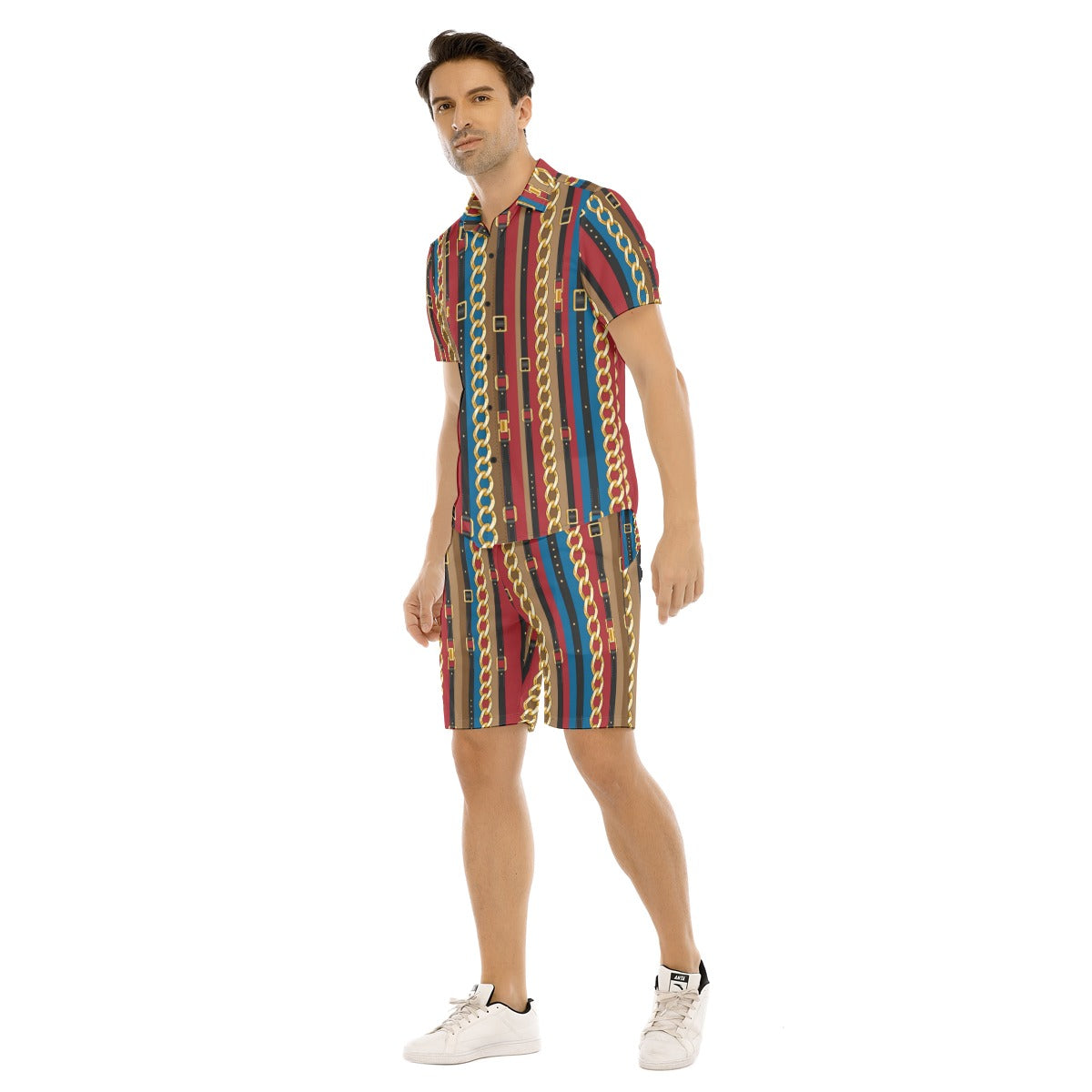 Men's Belt and Chains Short Sleeve Shirt Set