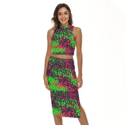 Graffiti Style Women's Tank Top & Split High Skirt Set