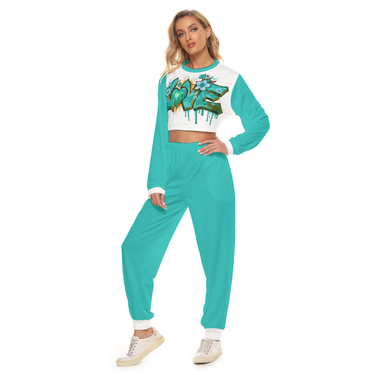 Women's Love Graffiti Style Crop Sweatshirt Suit