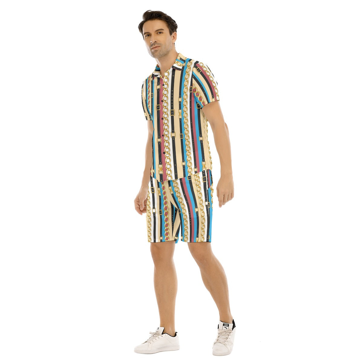 Men's Belt and Chains Short Sleeve Shirt Set